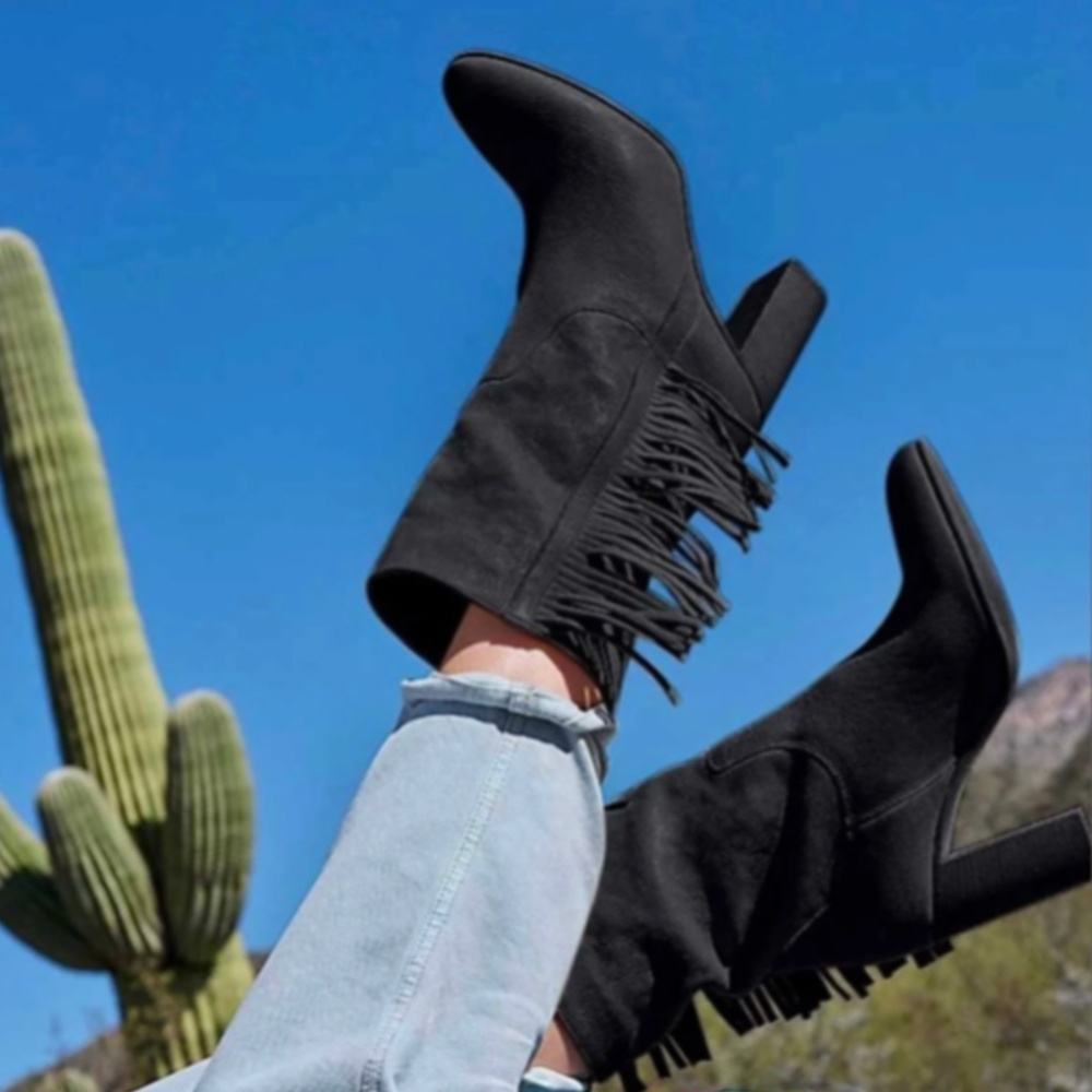 Free People Wild Rose Slouch Fringe Boots in Black size EU 37